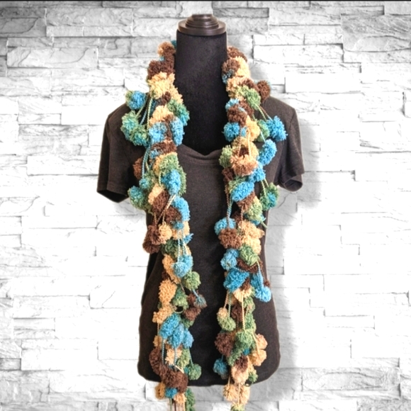 Handmade Fluffy Scarf by me!! Super Soft Puff Balls Green Aqua Blue Brown - Picture 11 of 12